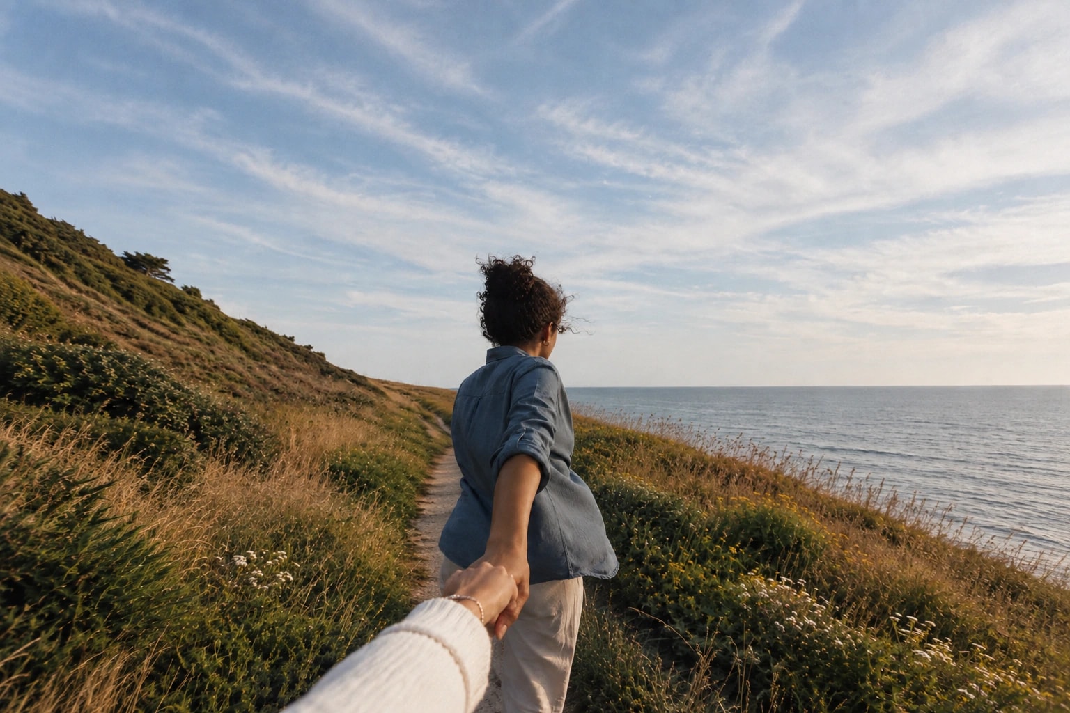 A woman leading her partner by the hand along a coastal path