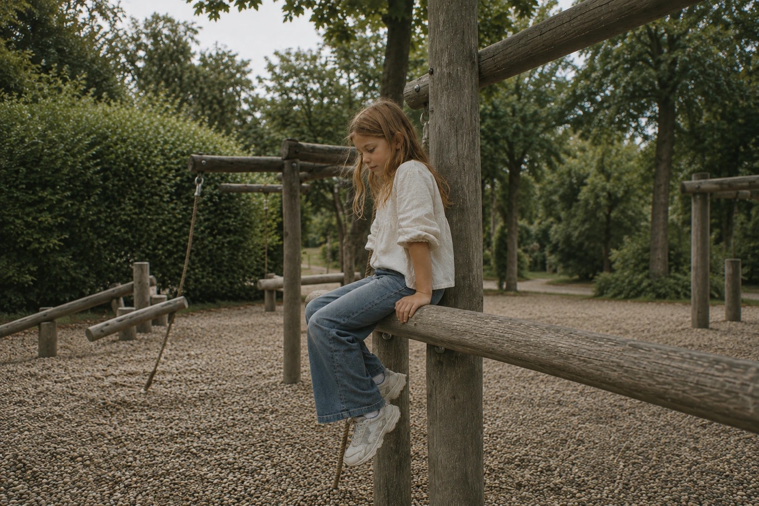 A girl sitting on a wooden playground beam