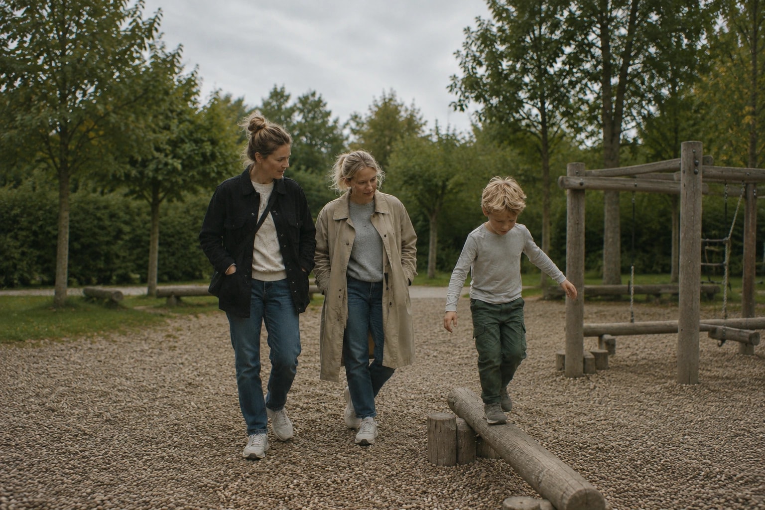 Two women walking together while a boy balances on a playground log