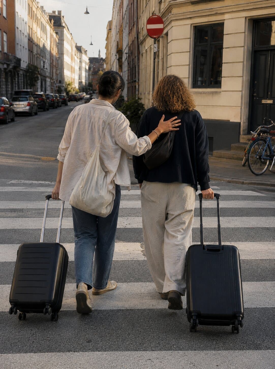 Two travellers walking together through central Copenhagen