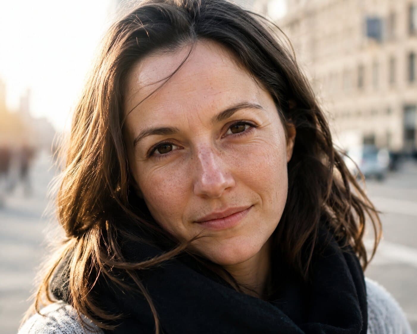 A woman looking towards the camera on a Copenhagen street